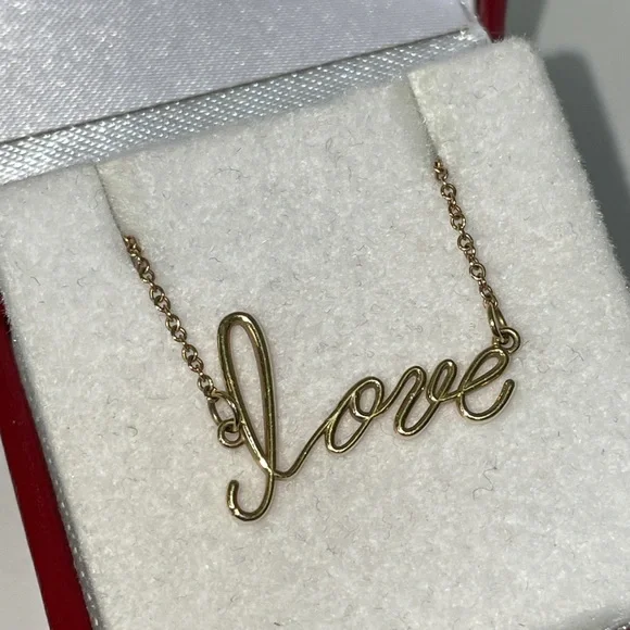Solid Stamped14K Yellow Gold Word LOVE Cursive Script Text Necklace